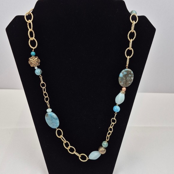 Barse Gold Tone Chain Necklace Faux Turquoise Blue Gemstone Beads 42" Hook - Picture 1 of 13